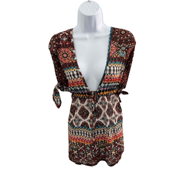 EMBER Coffee Brown Deep Vneck Tie Cuffs Festival Boho Blouse Top Large vacation - Picture 4 of 8